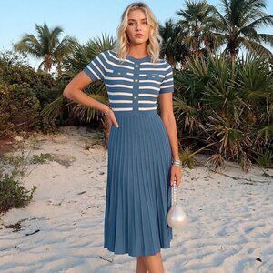 NWT ZESICA Women's 2026 Casual Striped Midi Dress Ribbed Knit Swing Pleated